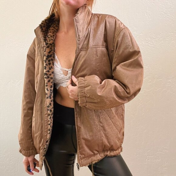 Vintage 1980s/90s Reversible Cheetah Gold Metallic Oversized Zip Up Jacket - Picture 7 of 8